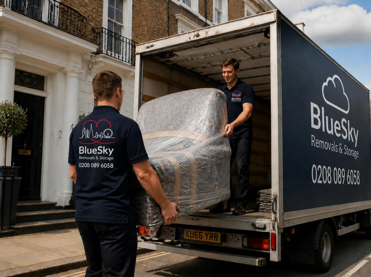 Blue Sky Removals crew carefully loading wrapped furniture into a branded van