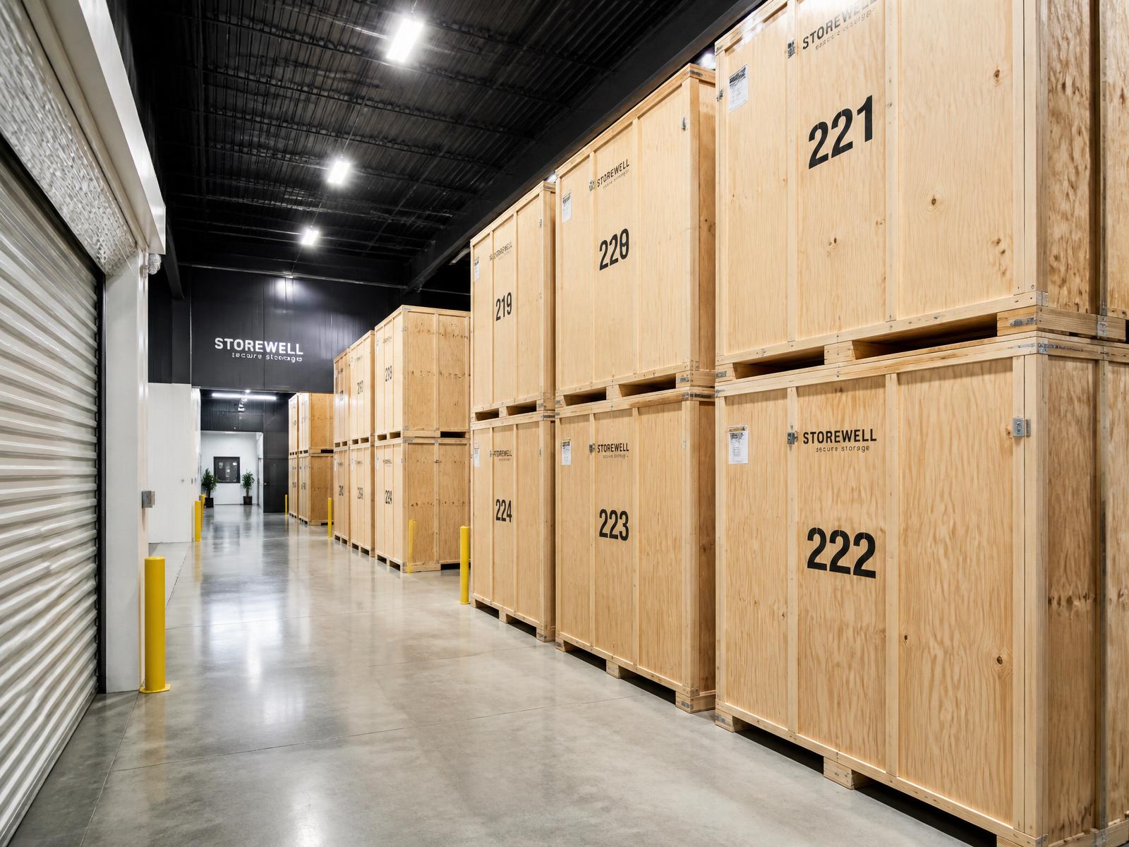 Inside the Blue Sky Removals secure storage facility with numbered wooden containers